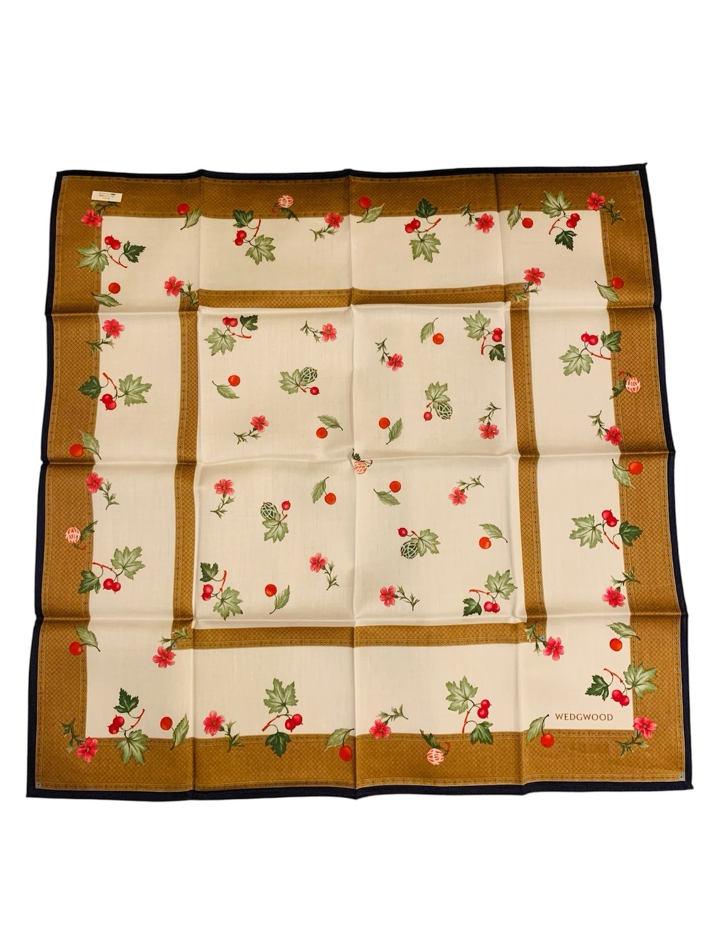 Wedgwood Cotton Handkerchief 19” Floral Berry Print Brown Border Made Japan NWOT